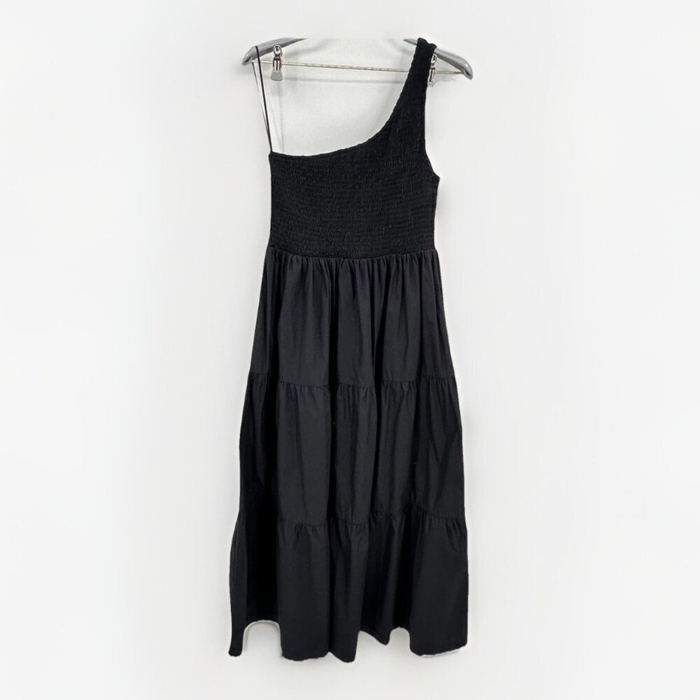 OPT Milada One Shoulder Smocked Midi Dress in Black size L Large 100% Cotton